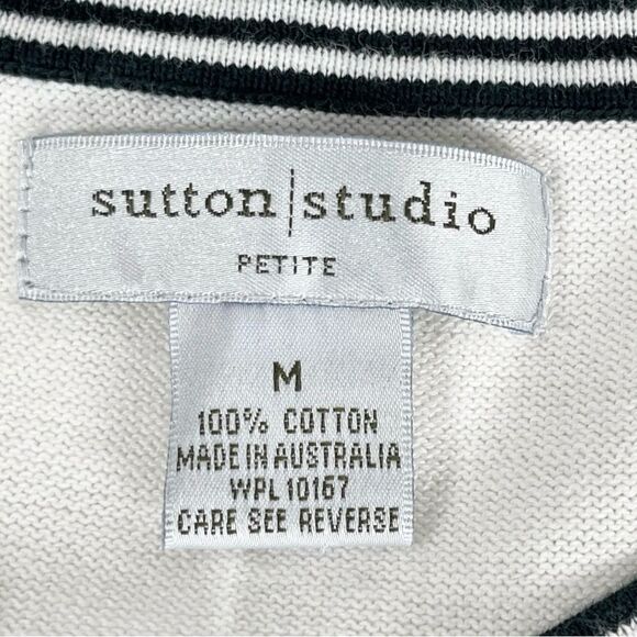 Sutton Studio White Black Cotton Tipped Button Up Cardigan Sweater Size Medium - Picture 3 of 7